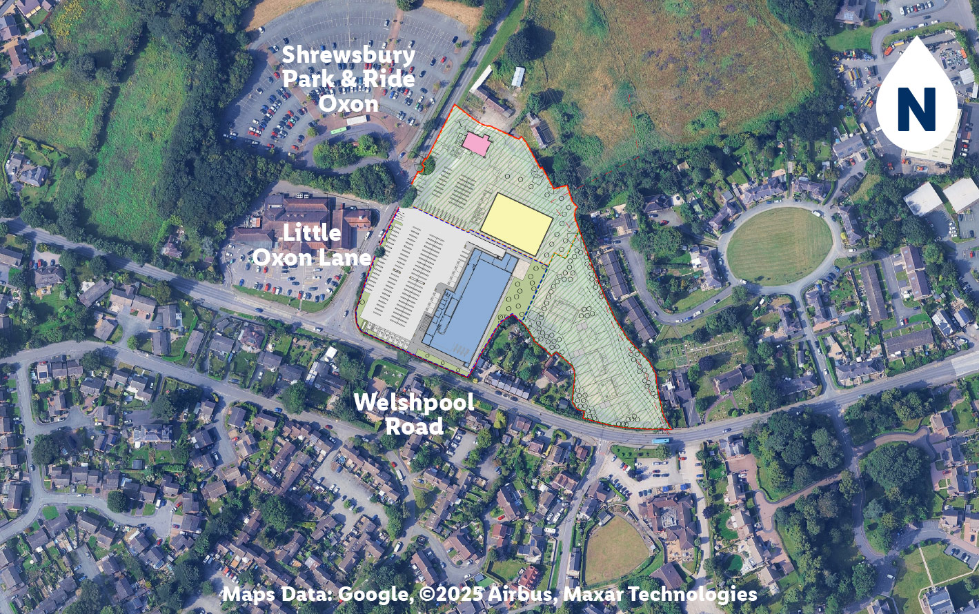 aerial photograph of the site with the proposed store overlayed